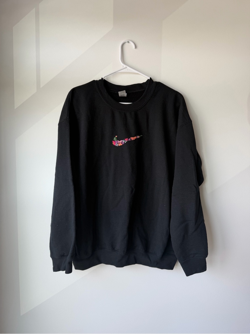 Gildan Black Crewneck with Multicolor Floral Swoosh